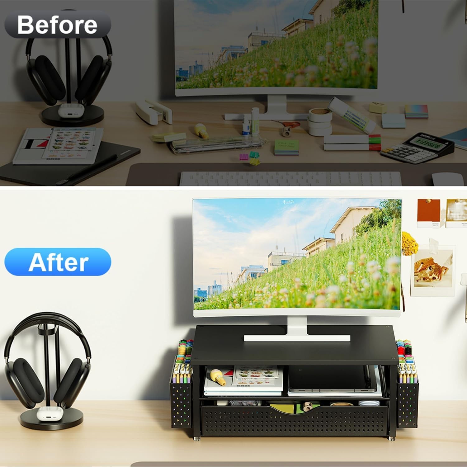 Ergonomic Black Monitor Stand with Drawer & 2 Pen Holders – Desk Organizer