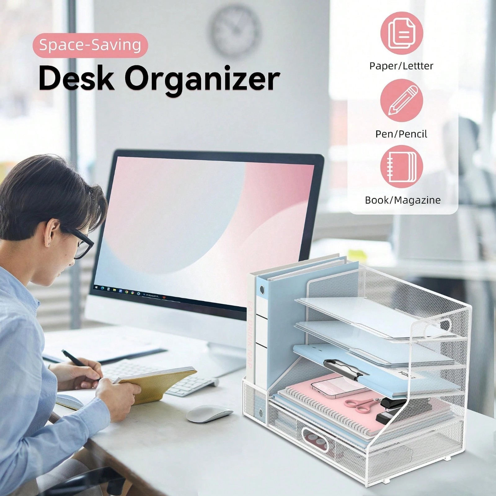 Stylish Neat Modern Desk Organizer 5 Tier File Tray With Drawer Pen Holder Mesh
