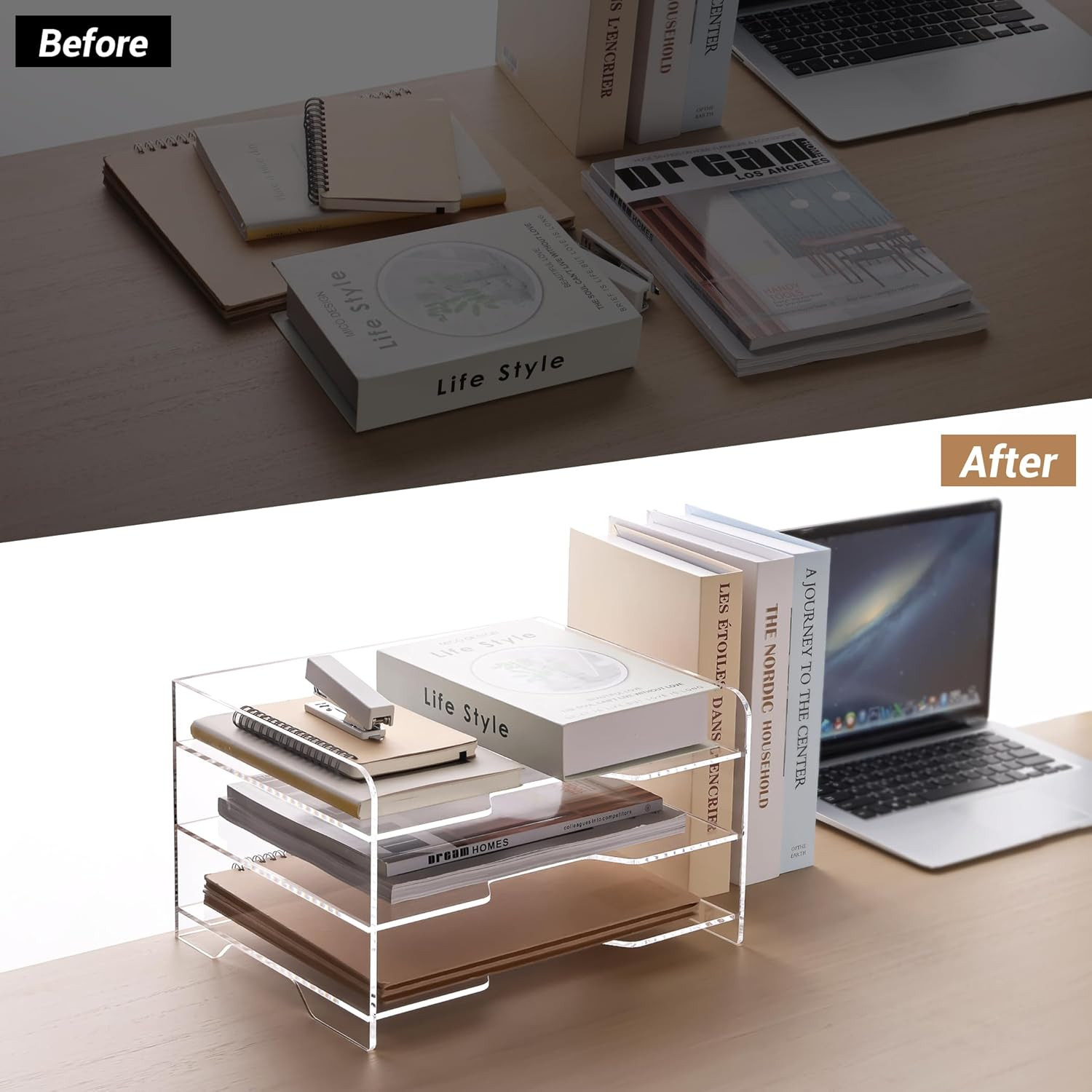 Clear 3-Tier Acrylic Letter Tray Organizer with Handle for Office Files