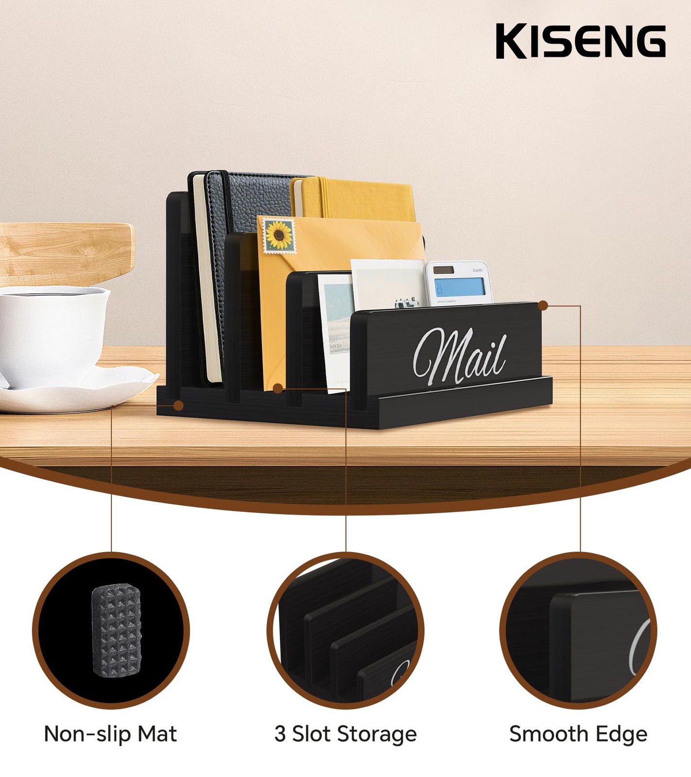 Wooden Mail Organizer Desk 3Slot Letter Sorter Vertical Bill Document Folder