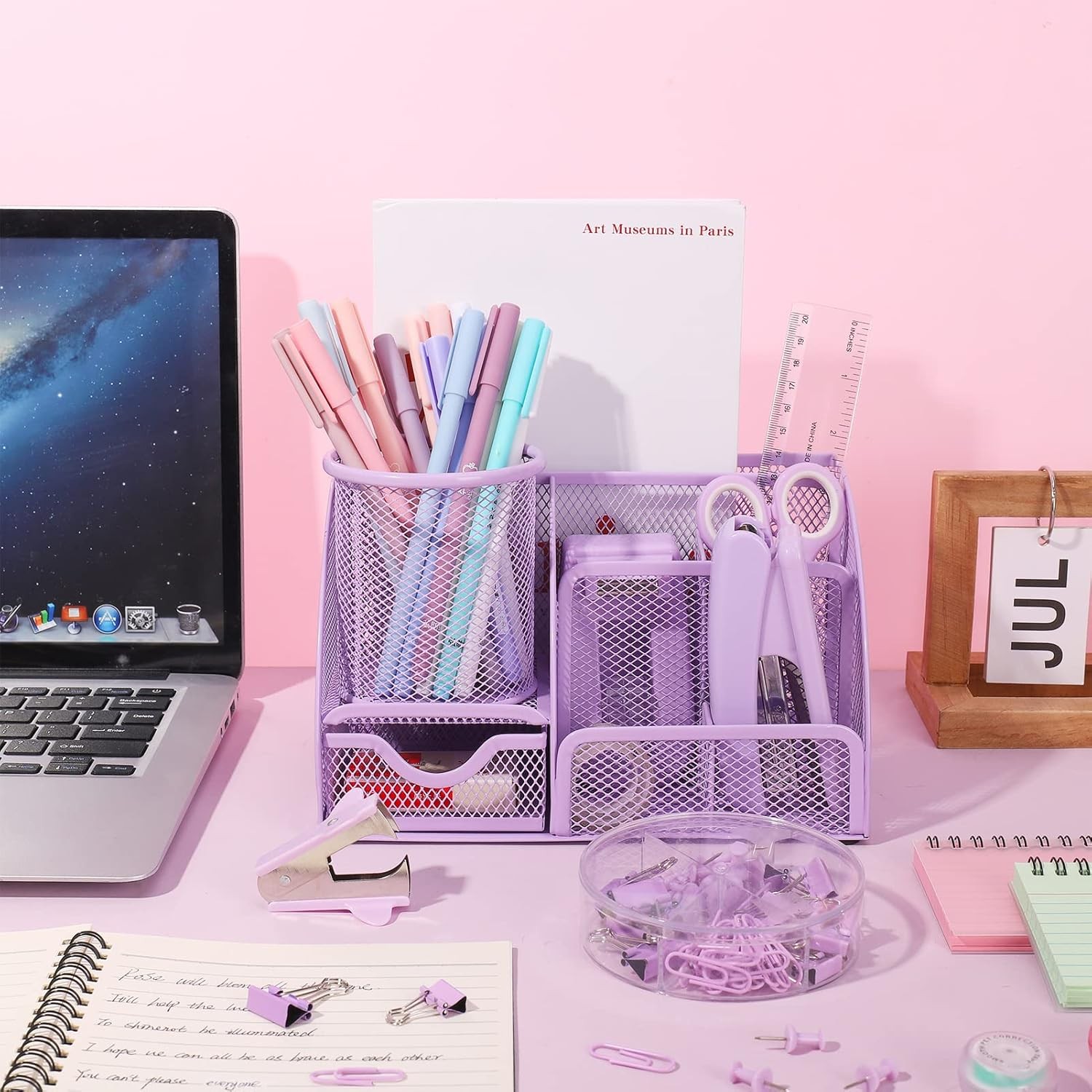 “15 Pcs Purple Office Supplies Set Mesh Desk Organizer Accessories Kit Include “