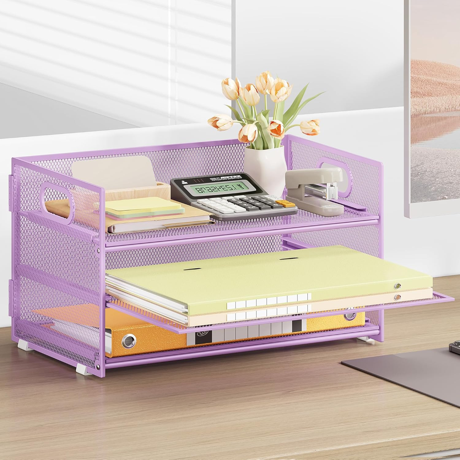 3 Tier Letter Tray Paper Organizer with Handle and 1 PC Sliding Tray, Purple Met