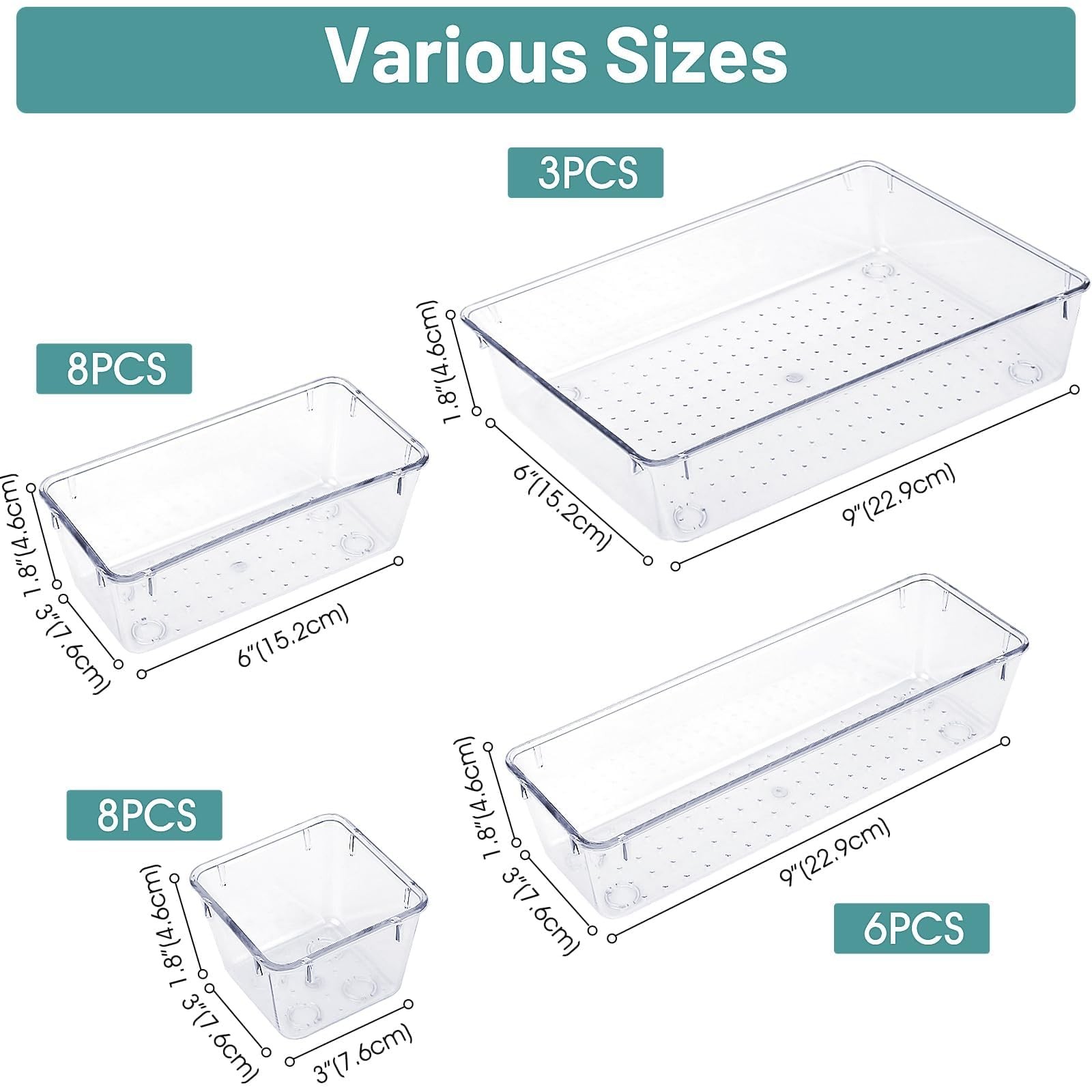 Wowbox 25 Pcs Clear Plastic Drawer Organizer Set 4 Sizes Desk Drawer Divider