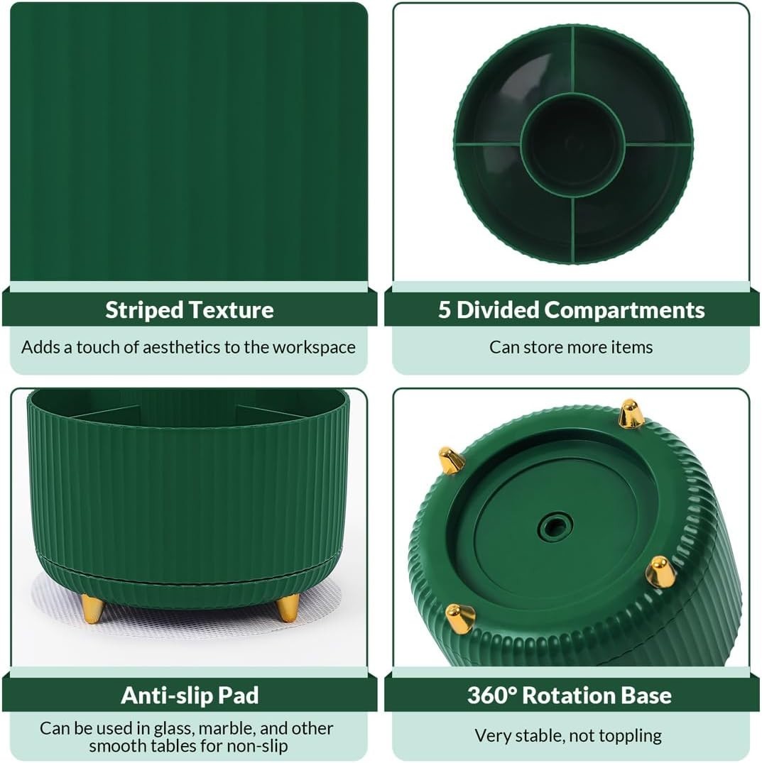 Dark Green 5-Compartment Rotating Desk Organizer for Office & Art Supplies