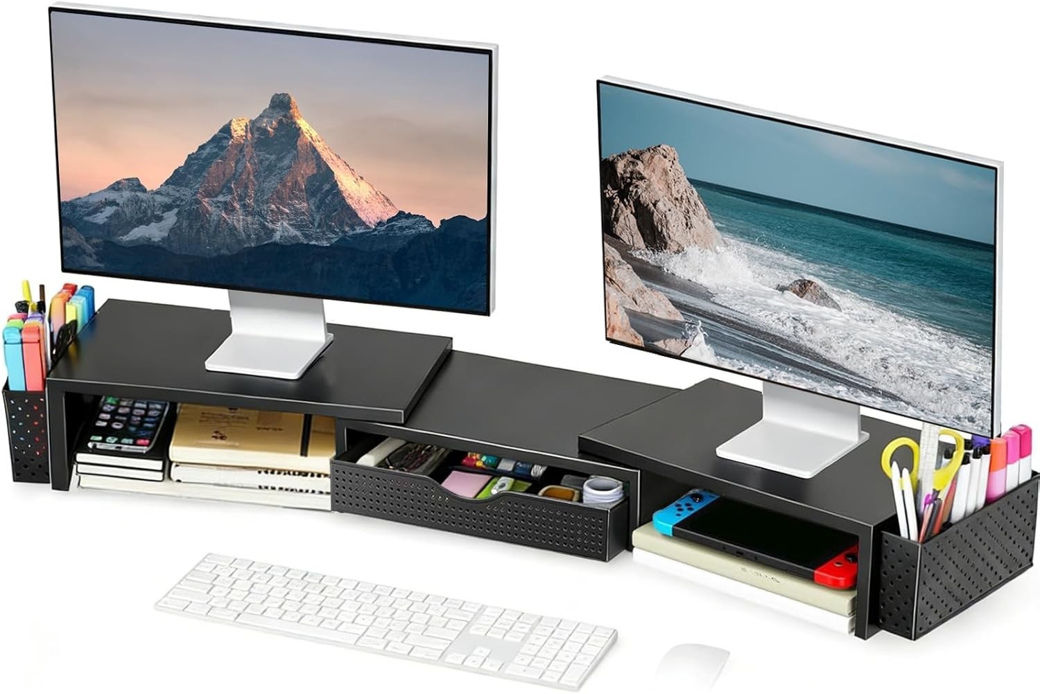 All-in-One Dual Monitor Stand Riser & Workspace Organizer – Black Metal Design