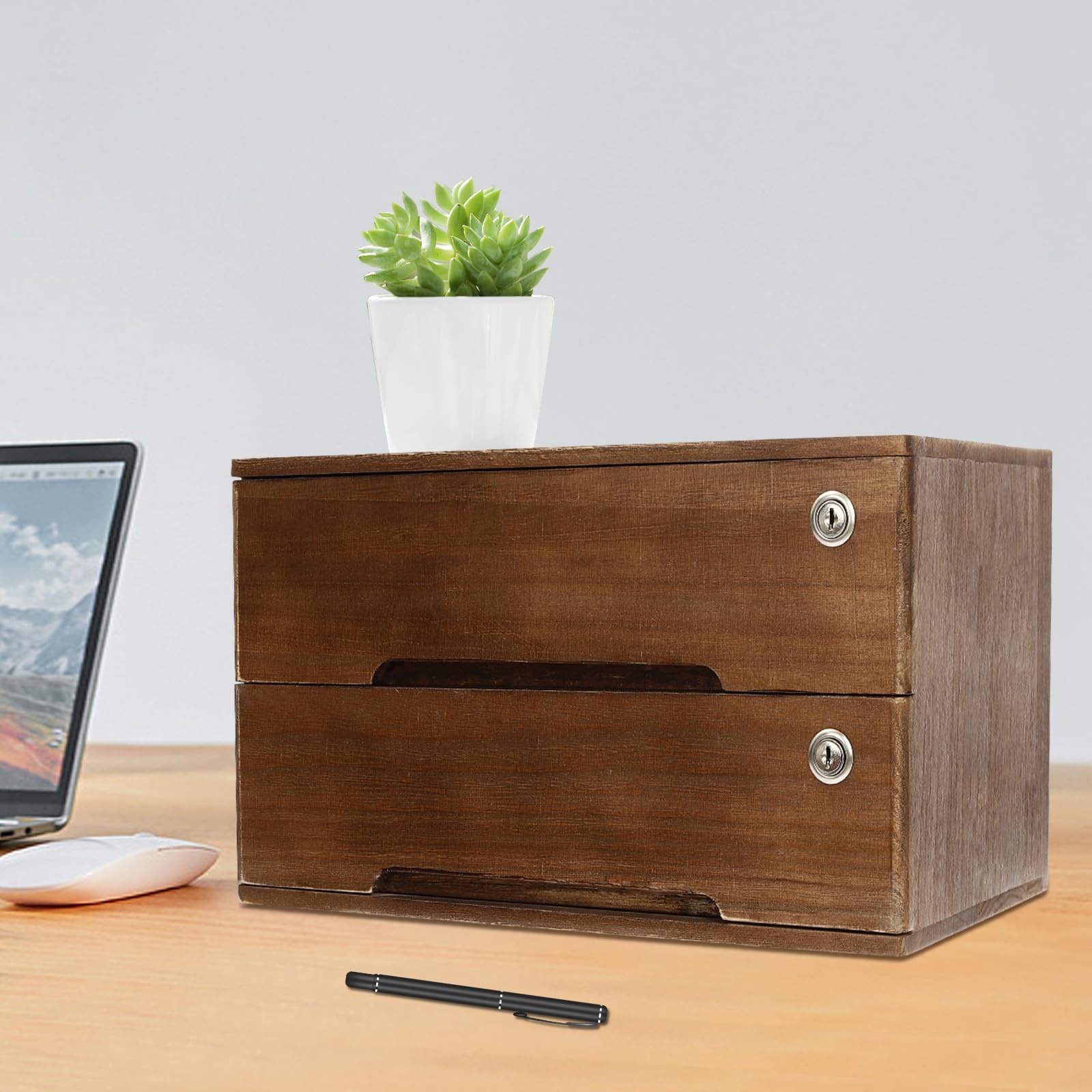 ZERNEIL 2-Tier Wooden Desktop Storage Box with Lockable Drawers, Flat Walnut