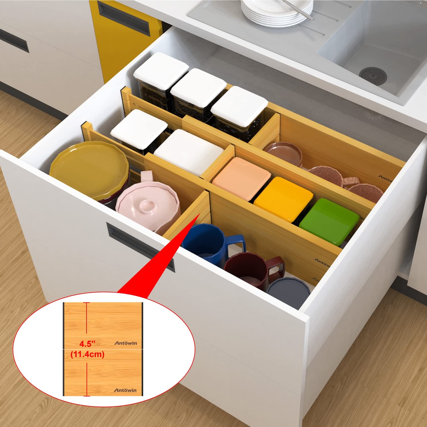 ANTOWIN Bamboo Drawer Dividers Organizers, youth large / 11-13, yellow