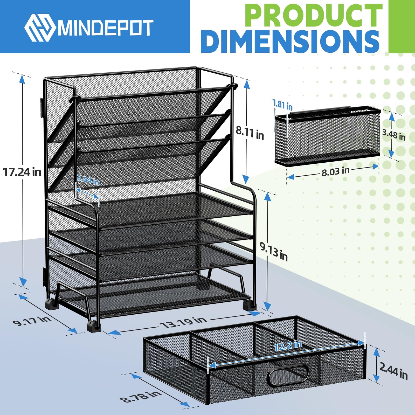 MINDEPOT 4~Tier Paper Organizer with Drawer & Pen Holder, White