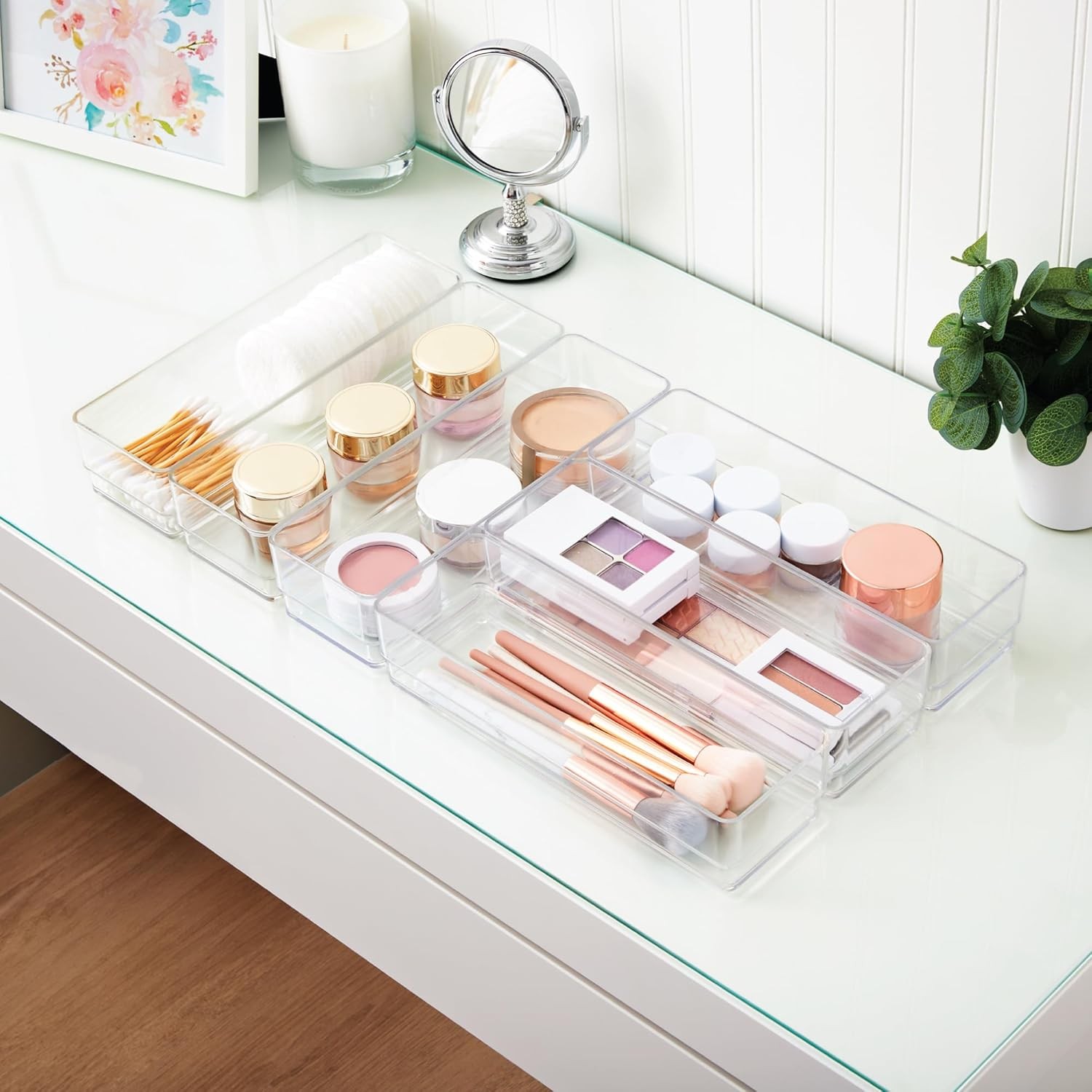 SimpleSort 6-Piece Stackable Clear Drawer Organizer Set | 9″ x 3″ x 2″ Rectangle