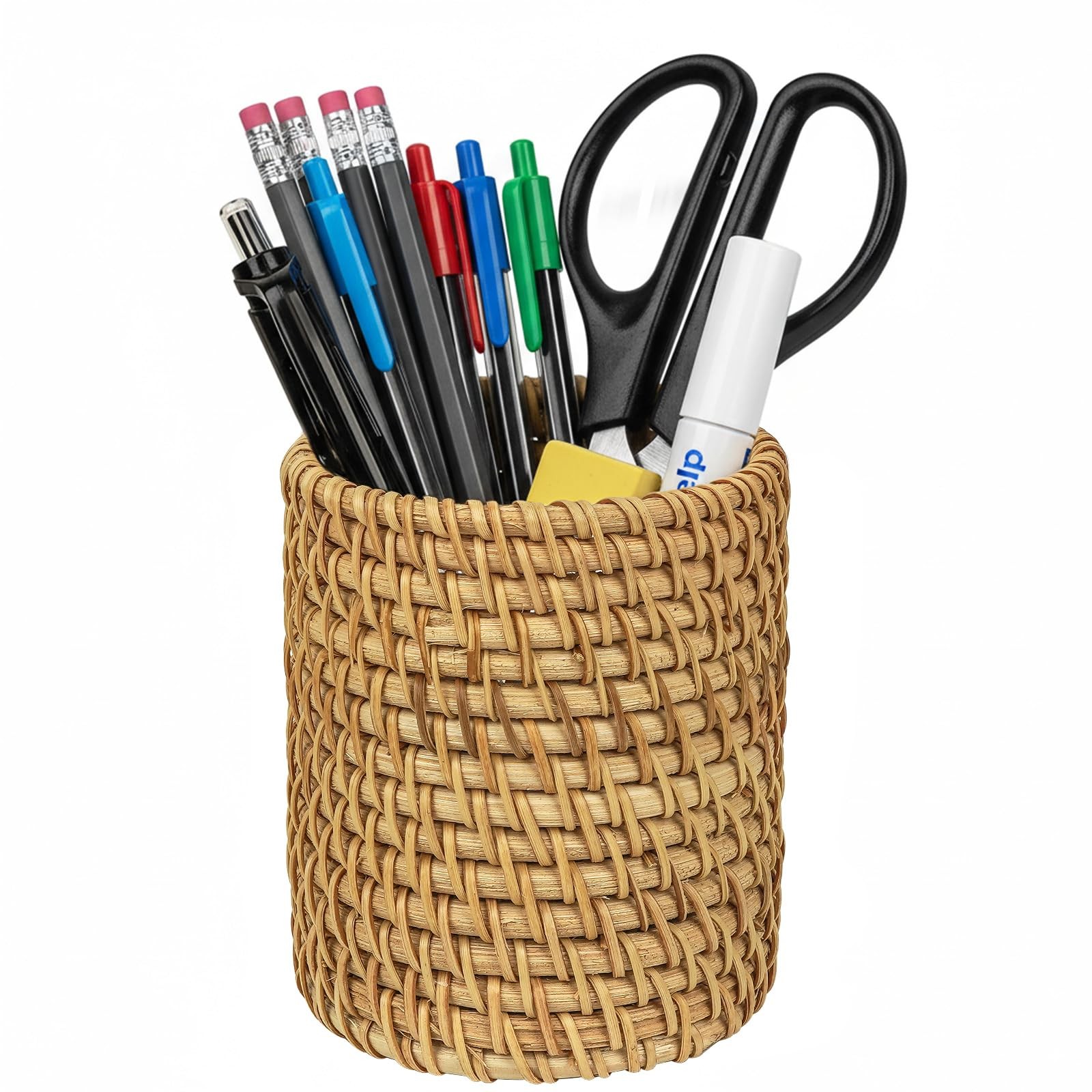 Wicker Rattan Pencil Holder, Cylindrical Desk Organizer Cup, Natural Brown, f…
