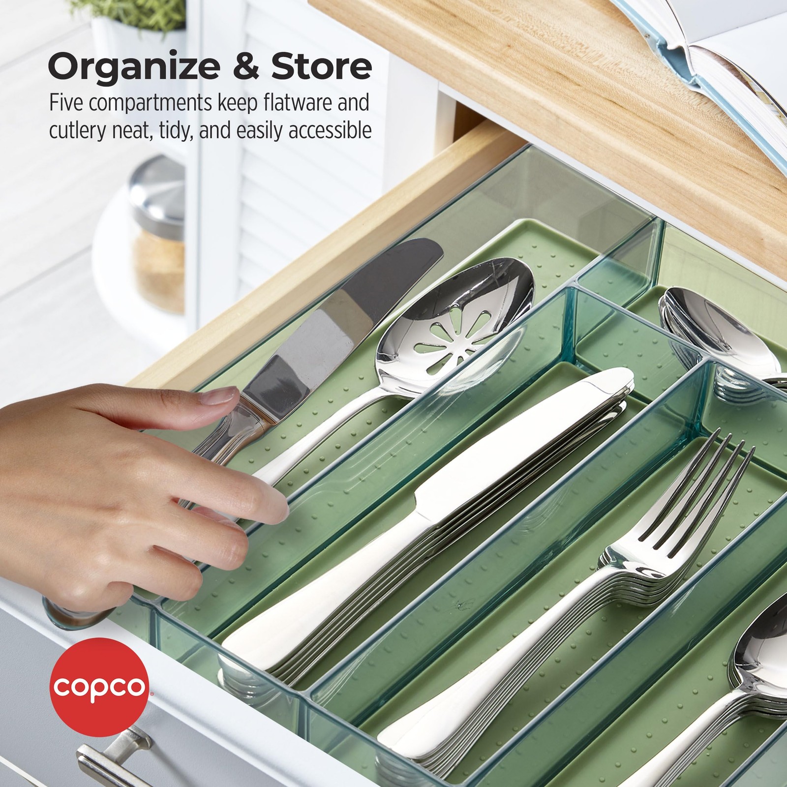 Copco Flatware Drawer Organizer with 5 Compartments, 5 Compartment, Green
