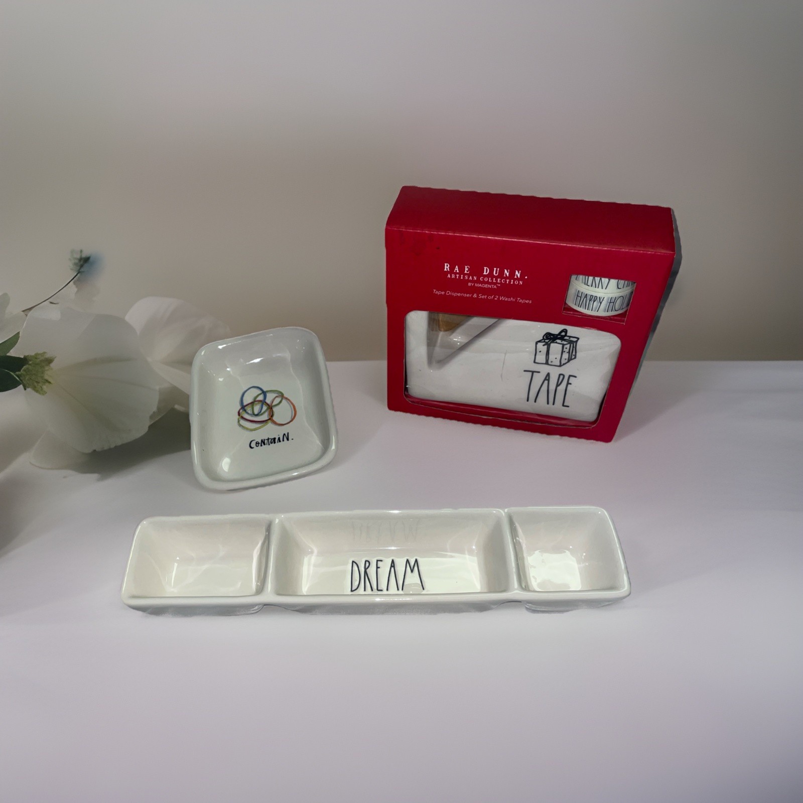 Rae Dunn TAPE Dispenser Rubber Band Tray And Paperclip Tack Tray Office Lot Rare