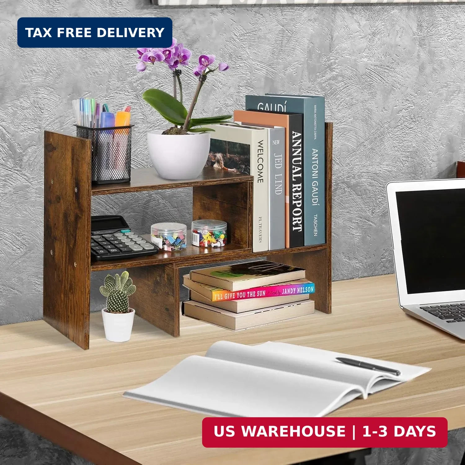 Sorfity Expandable Wood Desktop Bookshelf Desktop Organizer Office Storage Rack