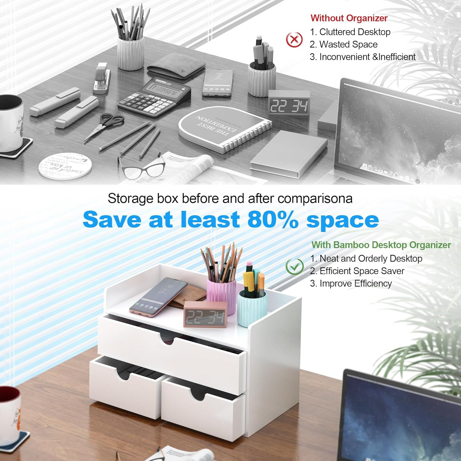 Bamboo Desk Organizer with Drawers – Stylish Storage for Home & Office