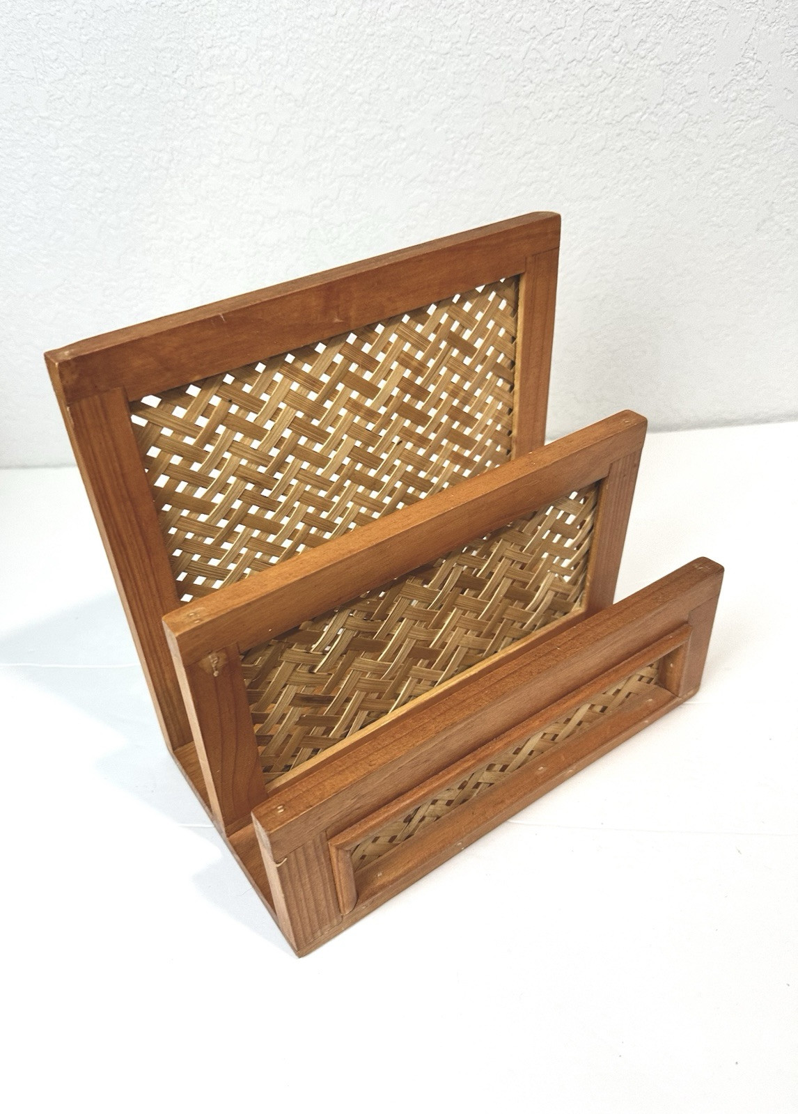 Vintage Brown Wicker & Wood Letter Holder Organizer Woven Rattan Bamboo 3 Slot