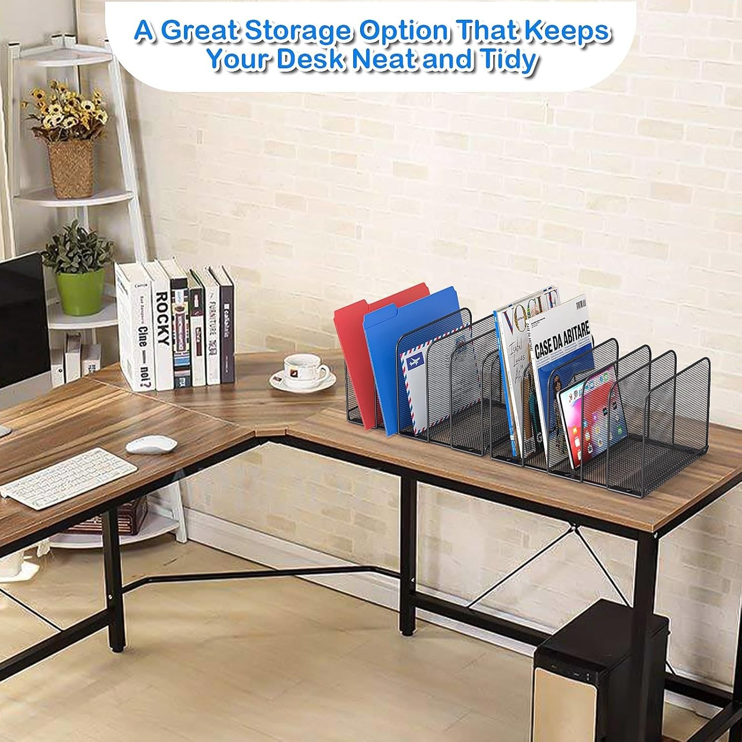 5 Section Mesh Desk File Holder Organizer Metal Upright Rack Sorter Black