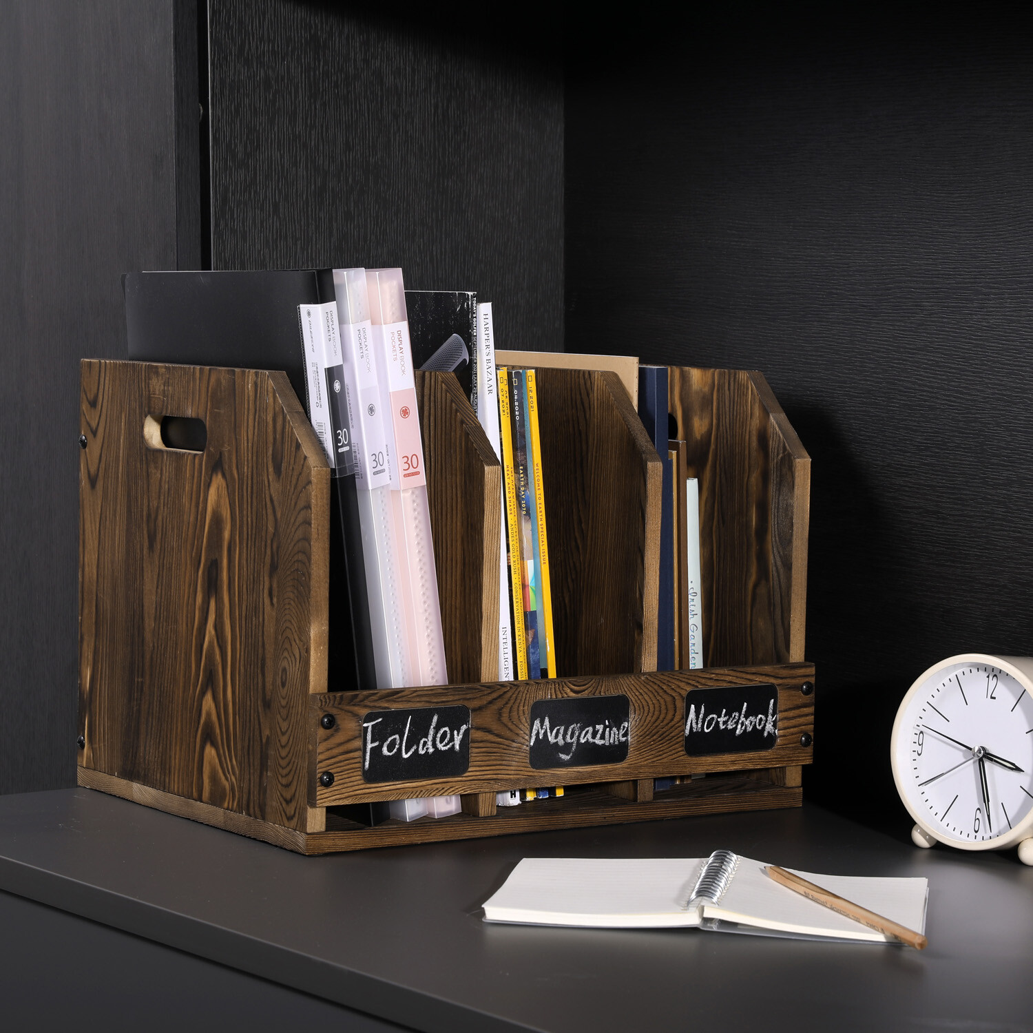 Rustic Burnt Brown Wood Office Document Folder Binder Storage Organizer Rack