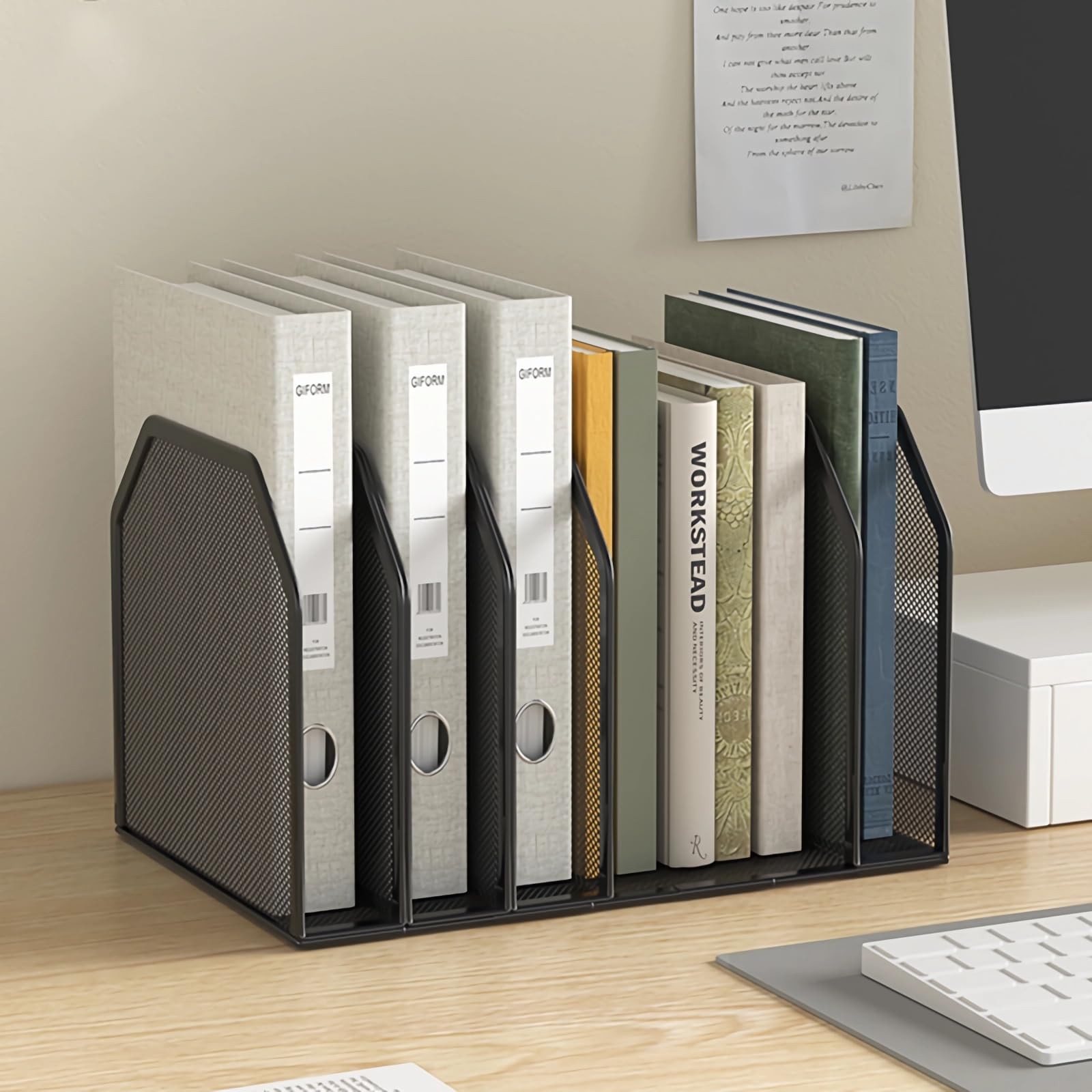 5 Vertical Slot Desk Mail Organizer, Black Metal Mesh, File, Letter Rack
