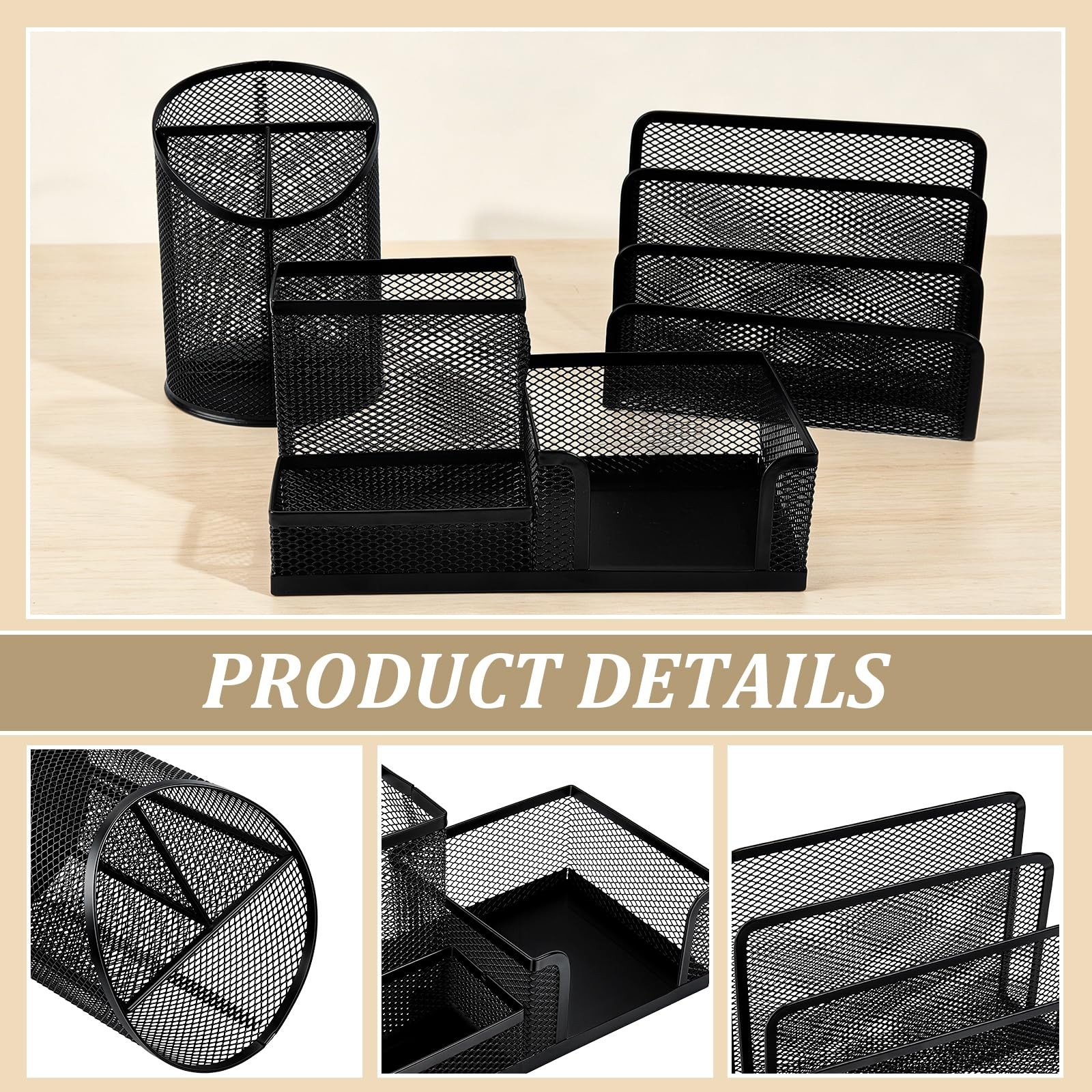 3PCS Metal Office Supply Desk Organizer Mesh Pen Holder with 3 Compartments R…
