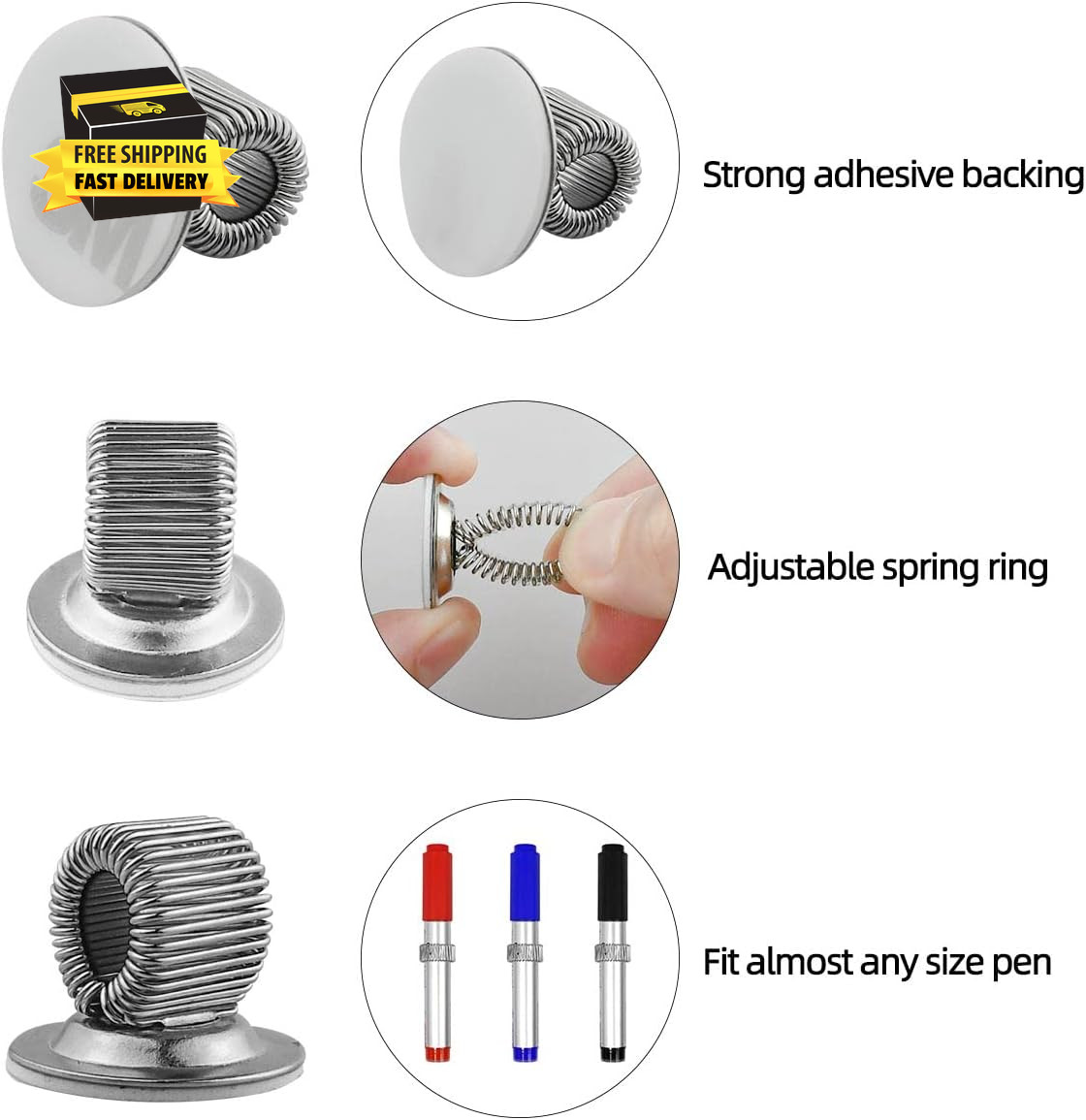 8 Pcs Manganese Steel Pen Holder Clips Self Adhesive Pencil Organizer with Adjus