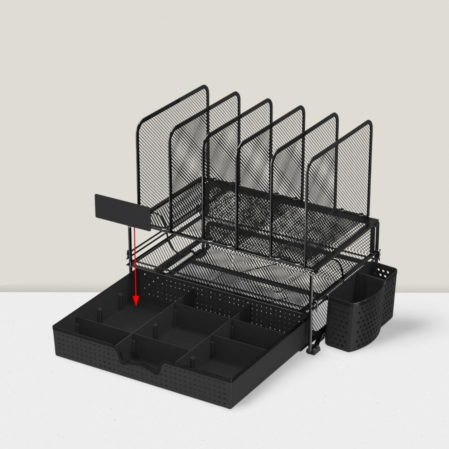 Mesh Desk Organizer with Sliding Drawer Double Tray 5 Upright Sections Black