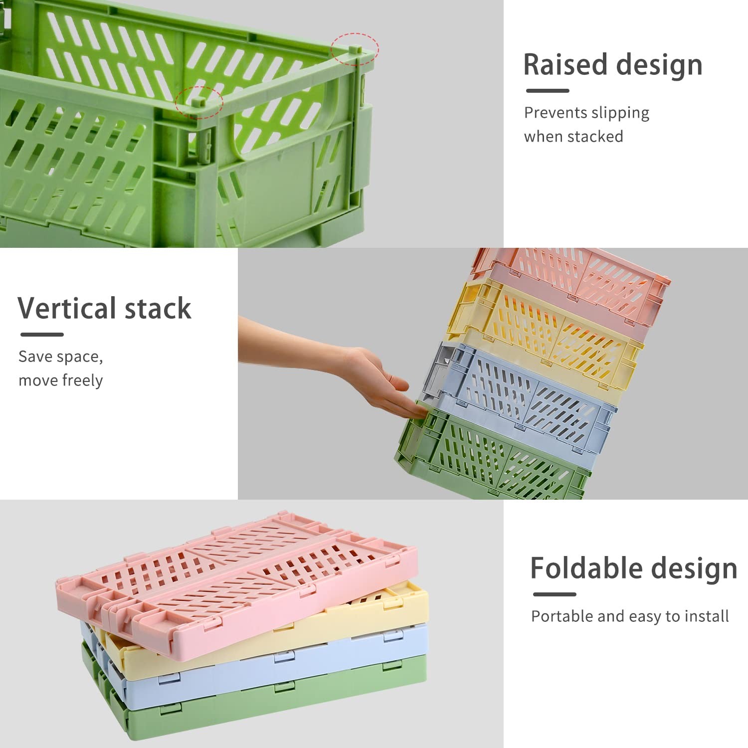 Xhwykzz 4 Pack Pastel Crates for Storage, Medium, Pink, blue, green, yellow.