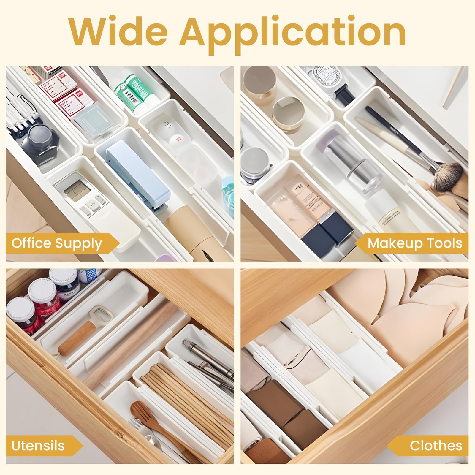4~Pack Adjustable Drawer Organizers, Expandable Dividers, White
