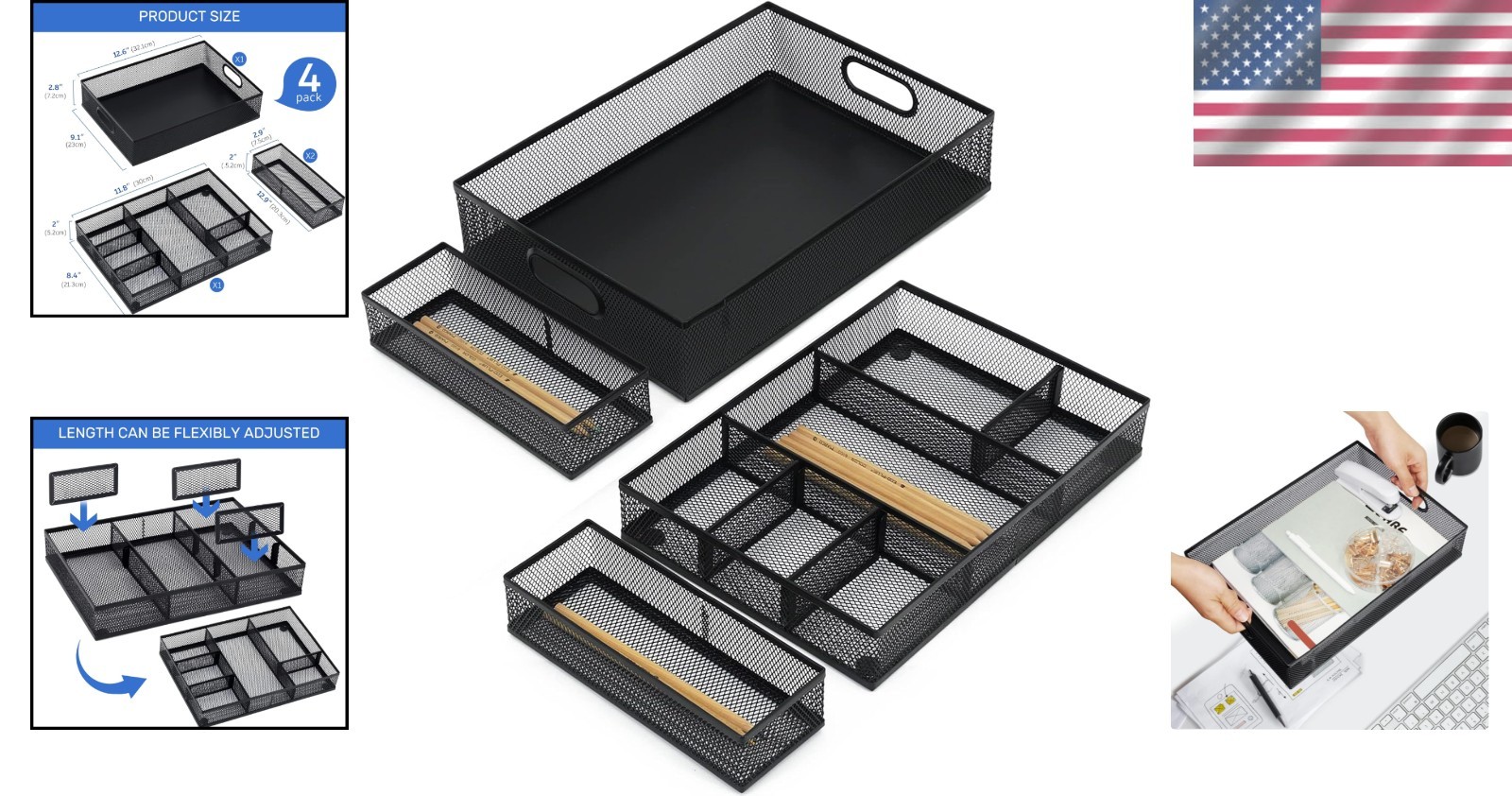 Professional 4 Pack Drawer Organizers with Adjustable Sections for Office Use