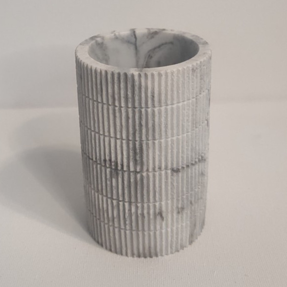White Marble Stone Ribbed Cylindrical Open-Top Pencil Holder Desk Cup