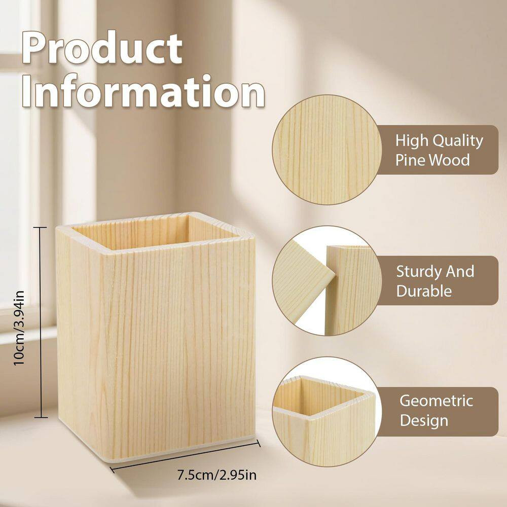 6-Pack Unfinished Pine Wood Pencil Holder Set Square Natural Wood Desk Organizer