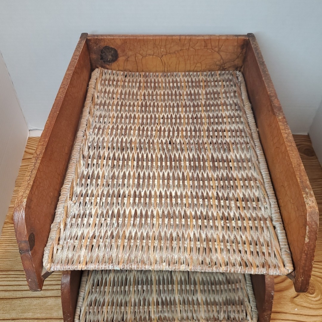 VTG 2 Tier Wood Rattan Wicker Paper Holder Letter Tray Office Desk Organizer