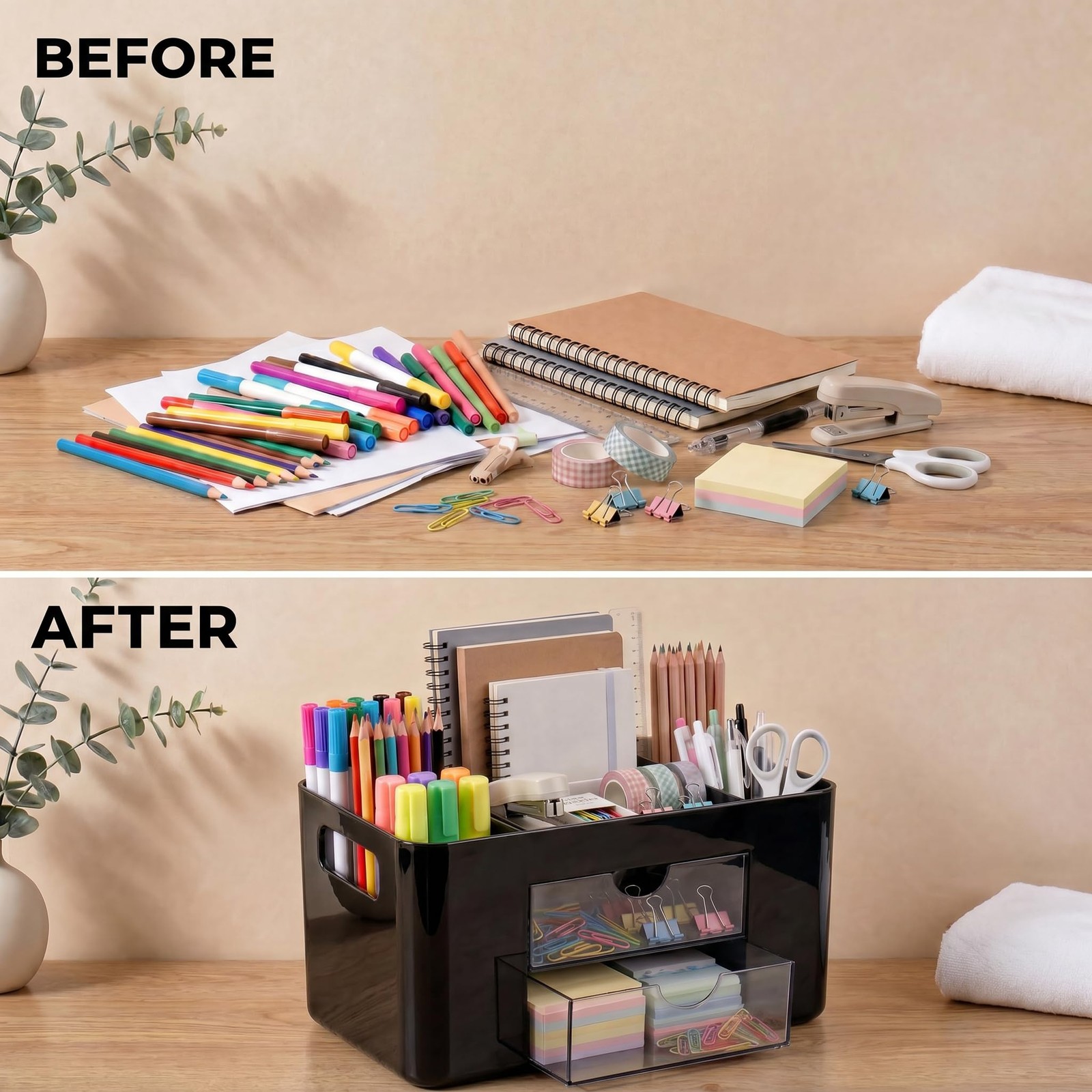 Black Desk Organizer with Drawers, 4 Slots, Side Handles, Pen Holder