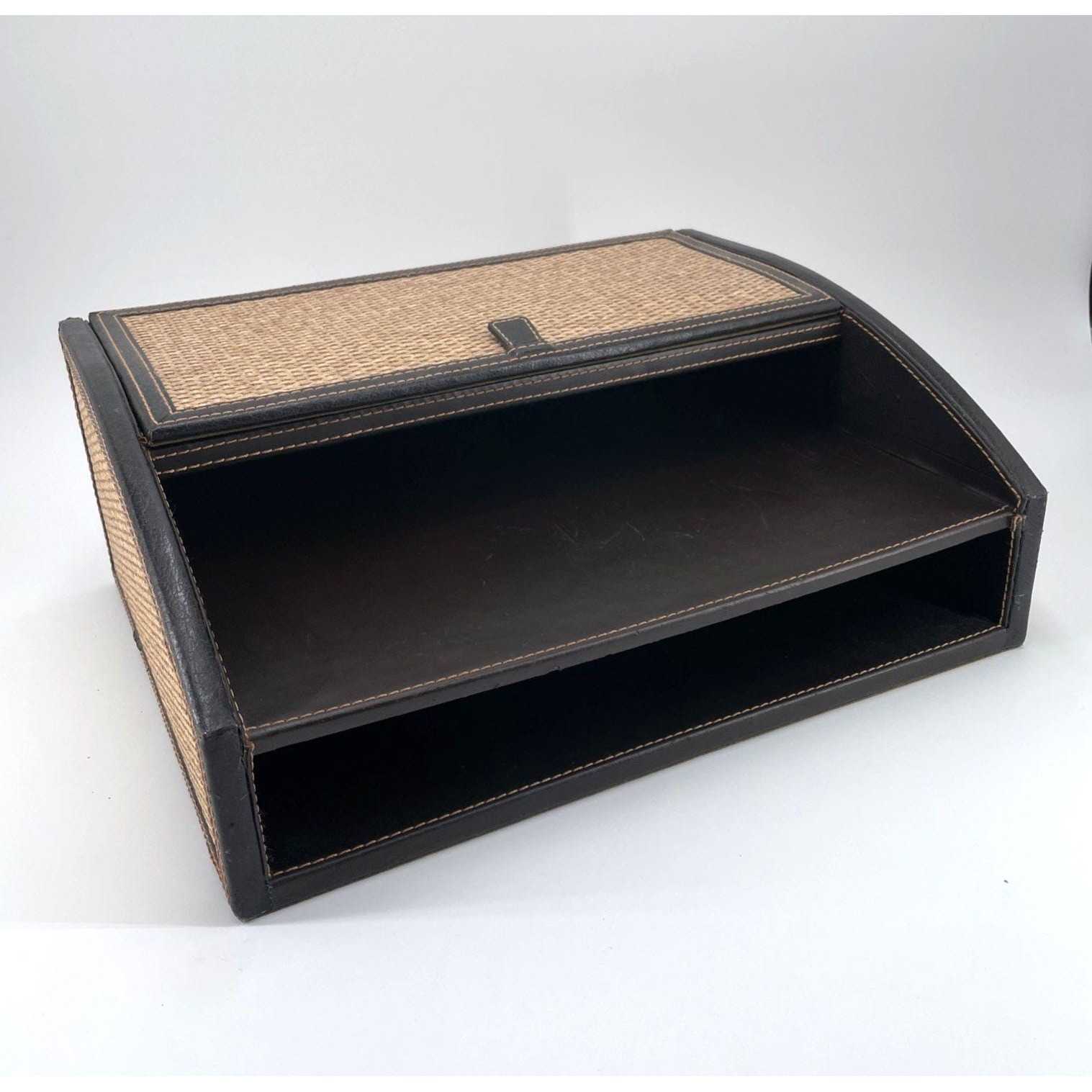 Vintage S.K. Leather Rattan 3 Tiered Desk Organizer Executive Sorter Mid Century