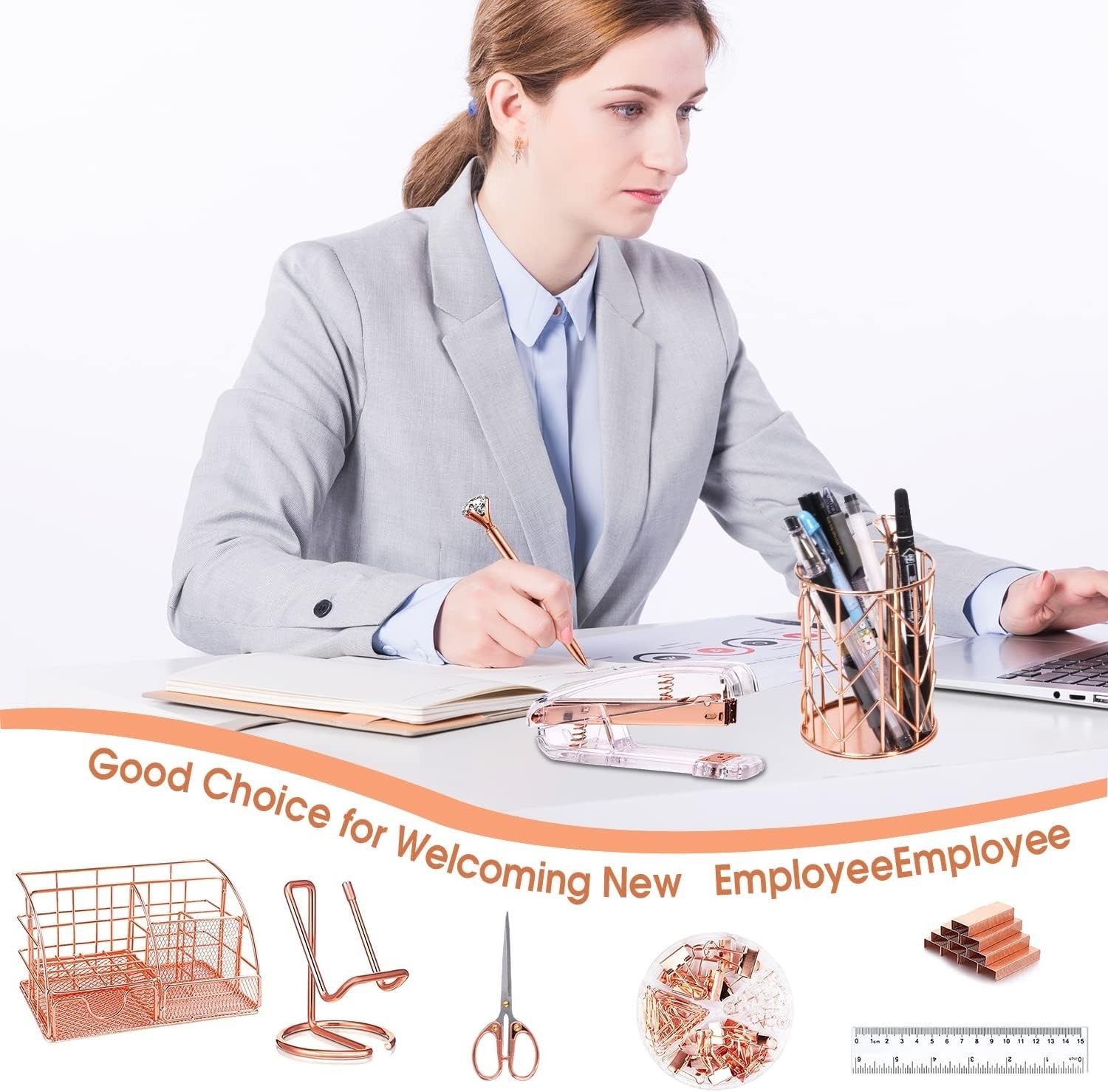 Elegant Rose Gold Desk Accessories Set: Includes Stapler, Clips & More