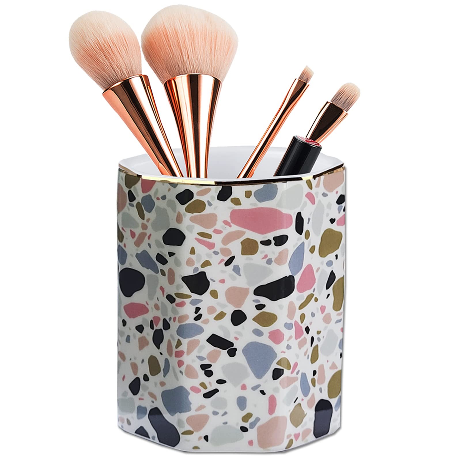 LEAZUL Pen Holder, Makeup Brush Holder Ceramic Shiny Gold Terrazzo Marble Sto…