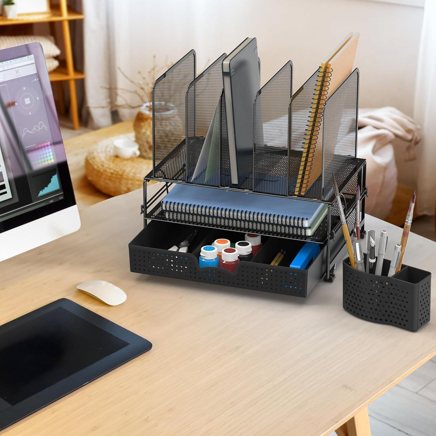 Mesh Desk Organizer with Sliding Drawer, Double Tray and 5 Upright Sections, Bla