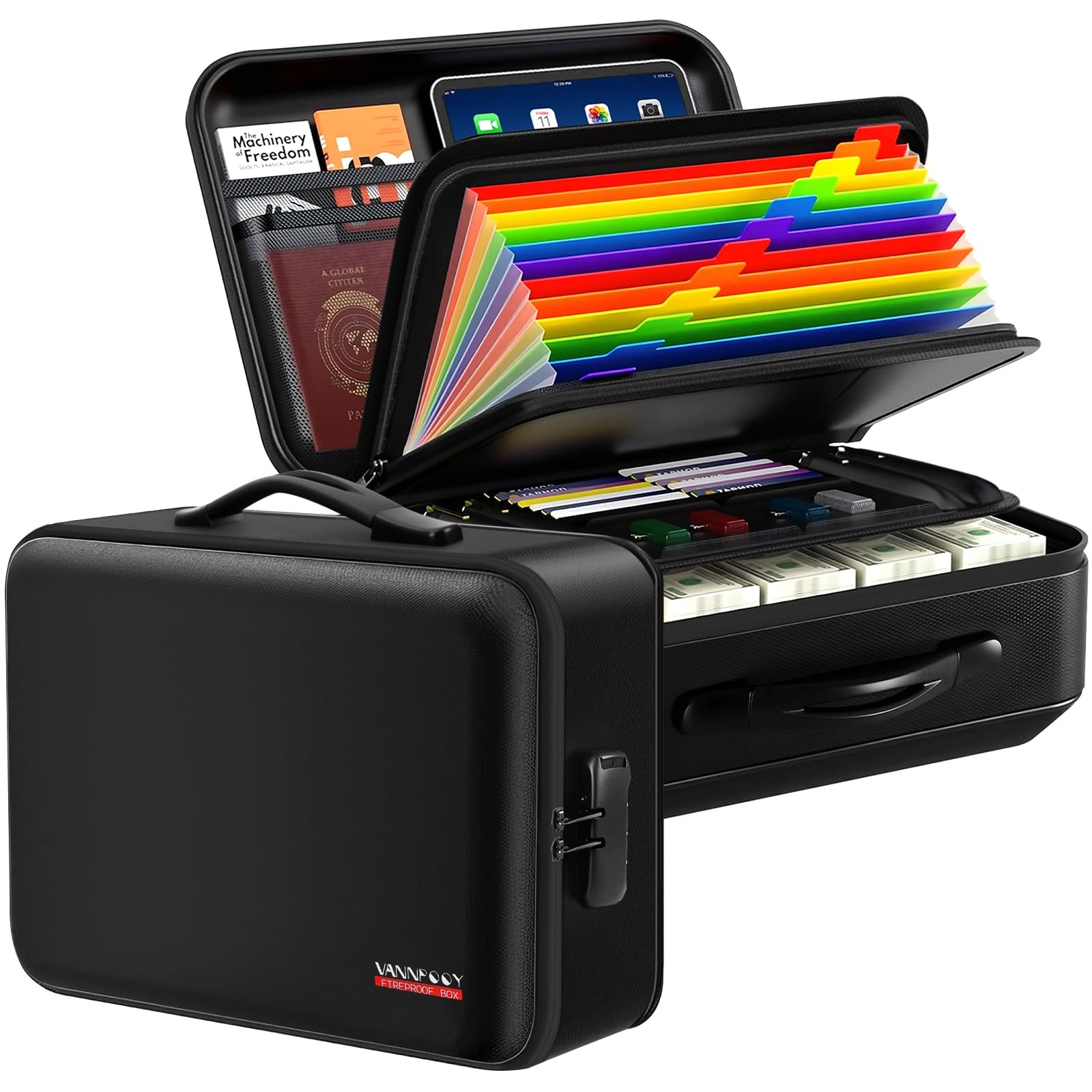 Fireproof Document Box with Lock – 5200°F Fire 898.2 cubic inches, Black