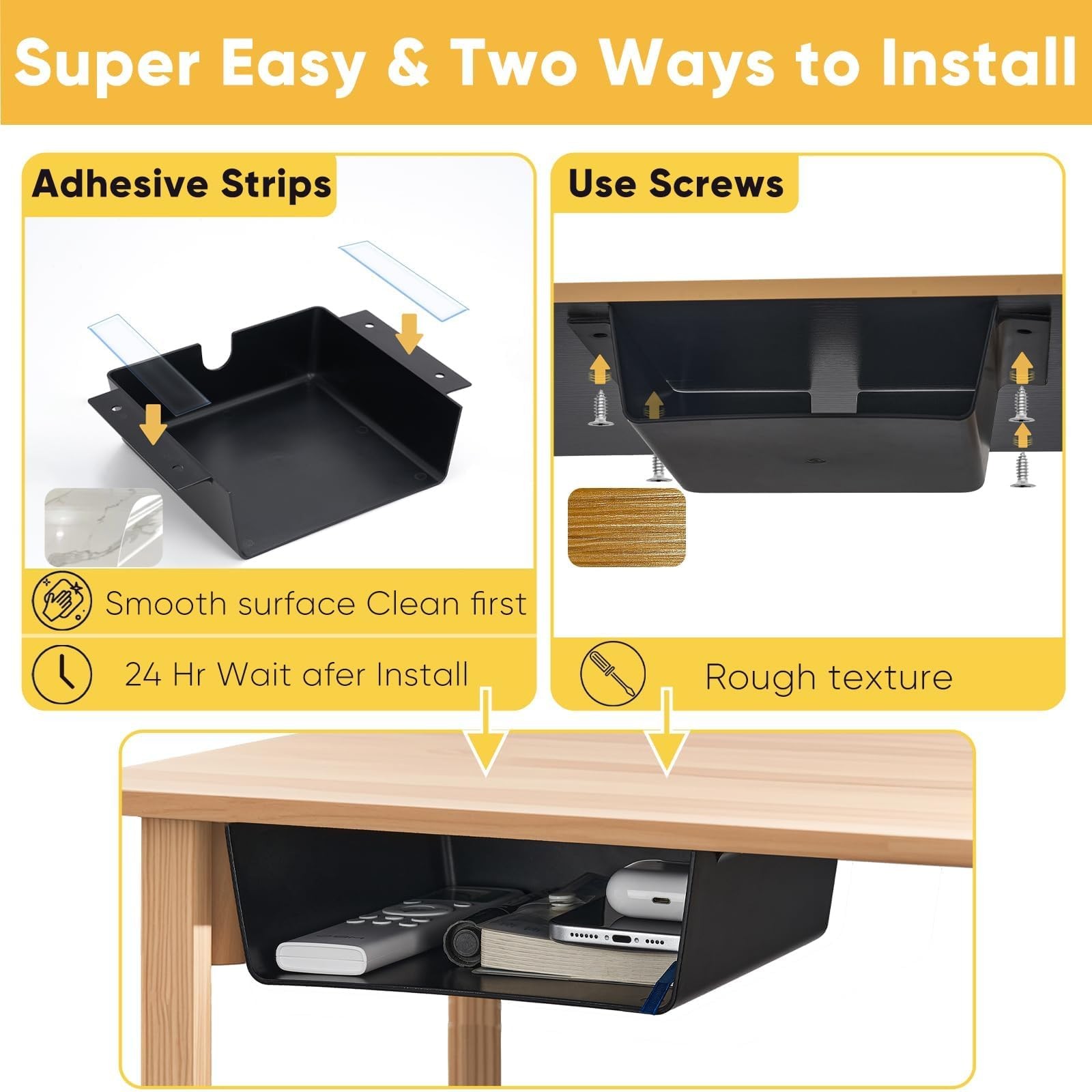 2 Pack Under Desk Hanging Shelf Drawer Organizer, Attachable Plastic Hidden S…