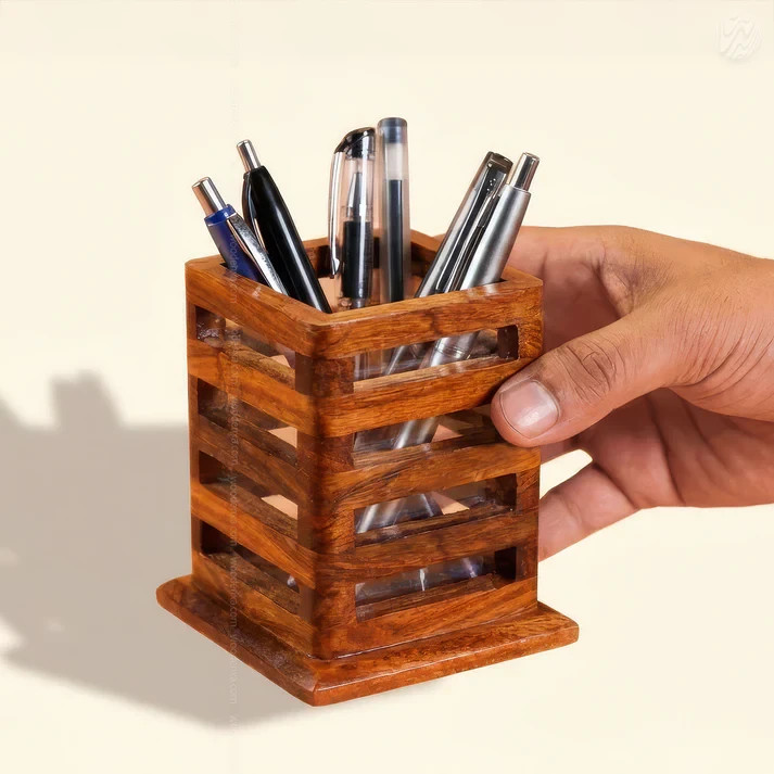 Handmade Wooden Pen Stand Desk Pen Holder Solid Wood Desk Pen Organizer, Wood…