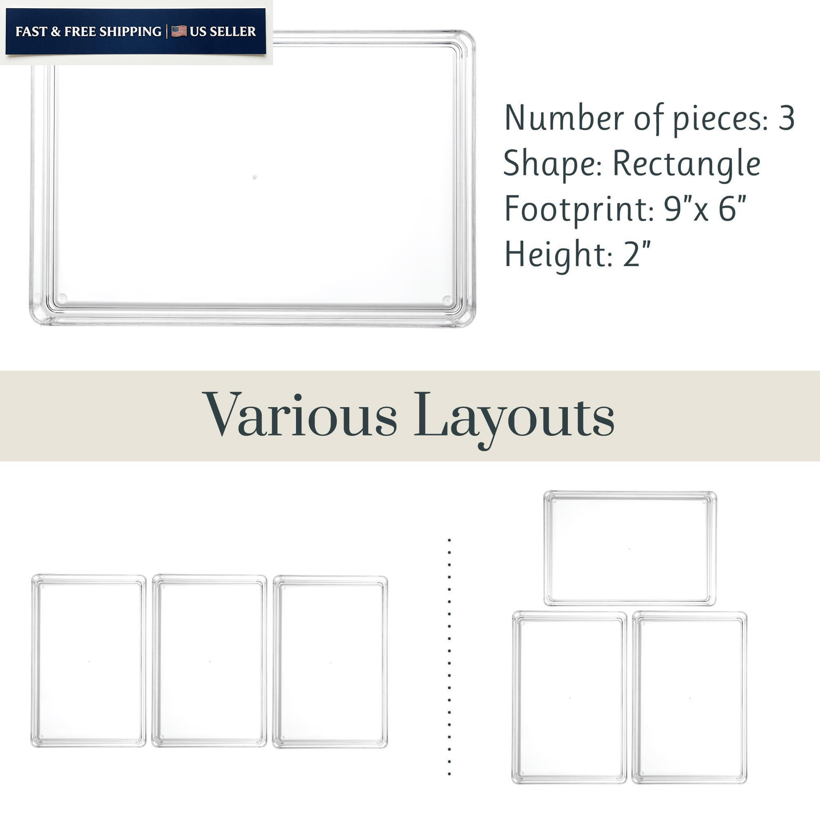 STORi SimpleSort 3-Piece Stackable Clear Drawer Organizer Set | 9x6x2″,