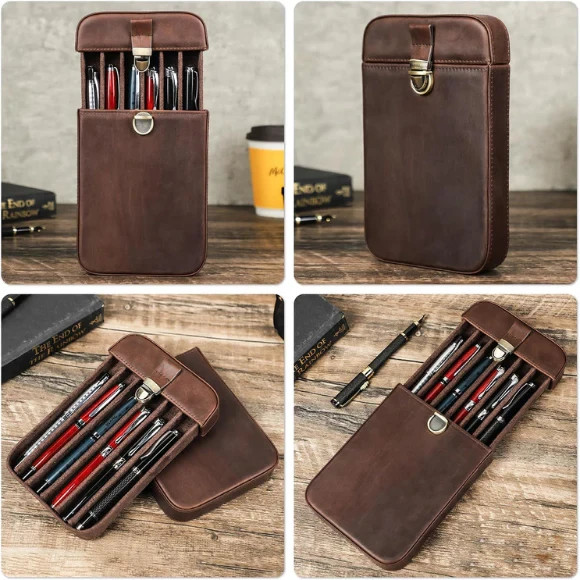 Top Grain Genuine Leather 6-Slot Fountain Pen & Pencil Tray Case Holder