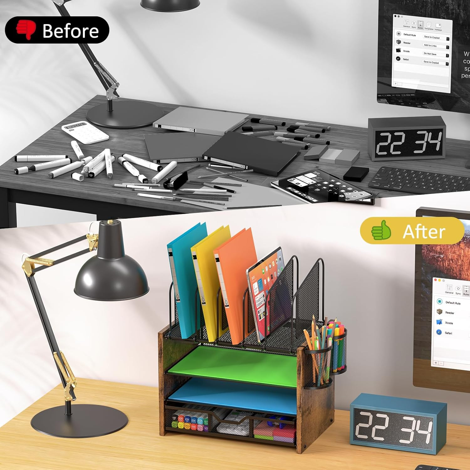 DAOUTIME 4-Tier Mesh Desk Organizer, Wooden Desk File Organizer with 5 Vertical