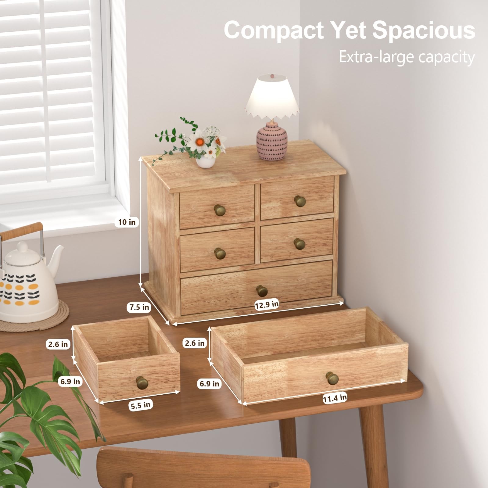 Oak Desk Organizer with Drawers, Wooden Desktop Storage Box with Metal Handle…