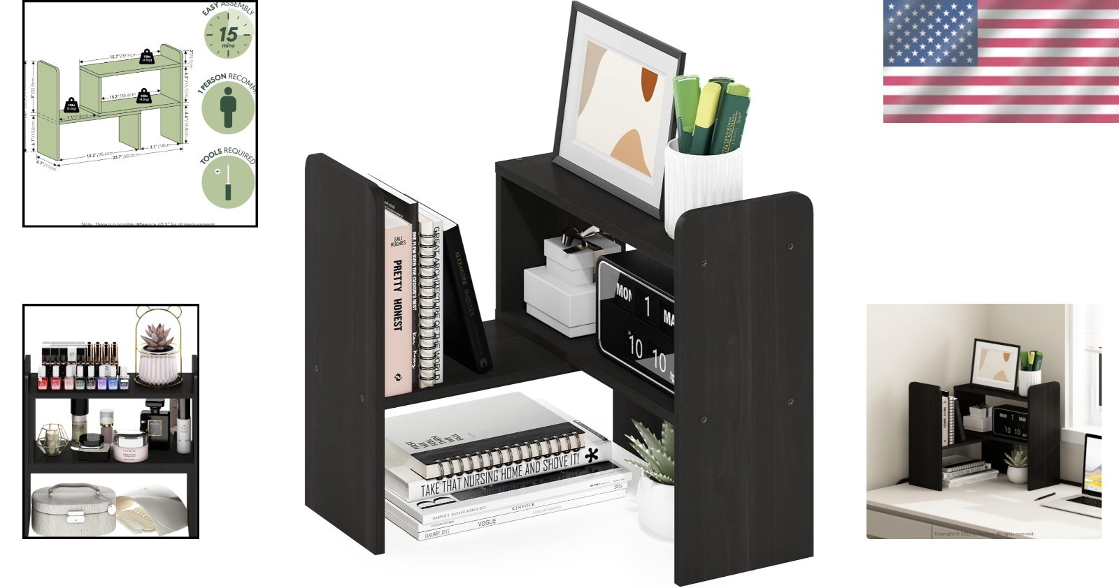 Versatile 2-Shelf Desktop Storage Organizer with Adjustable Features in Espresso