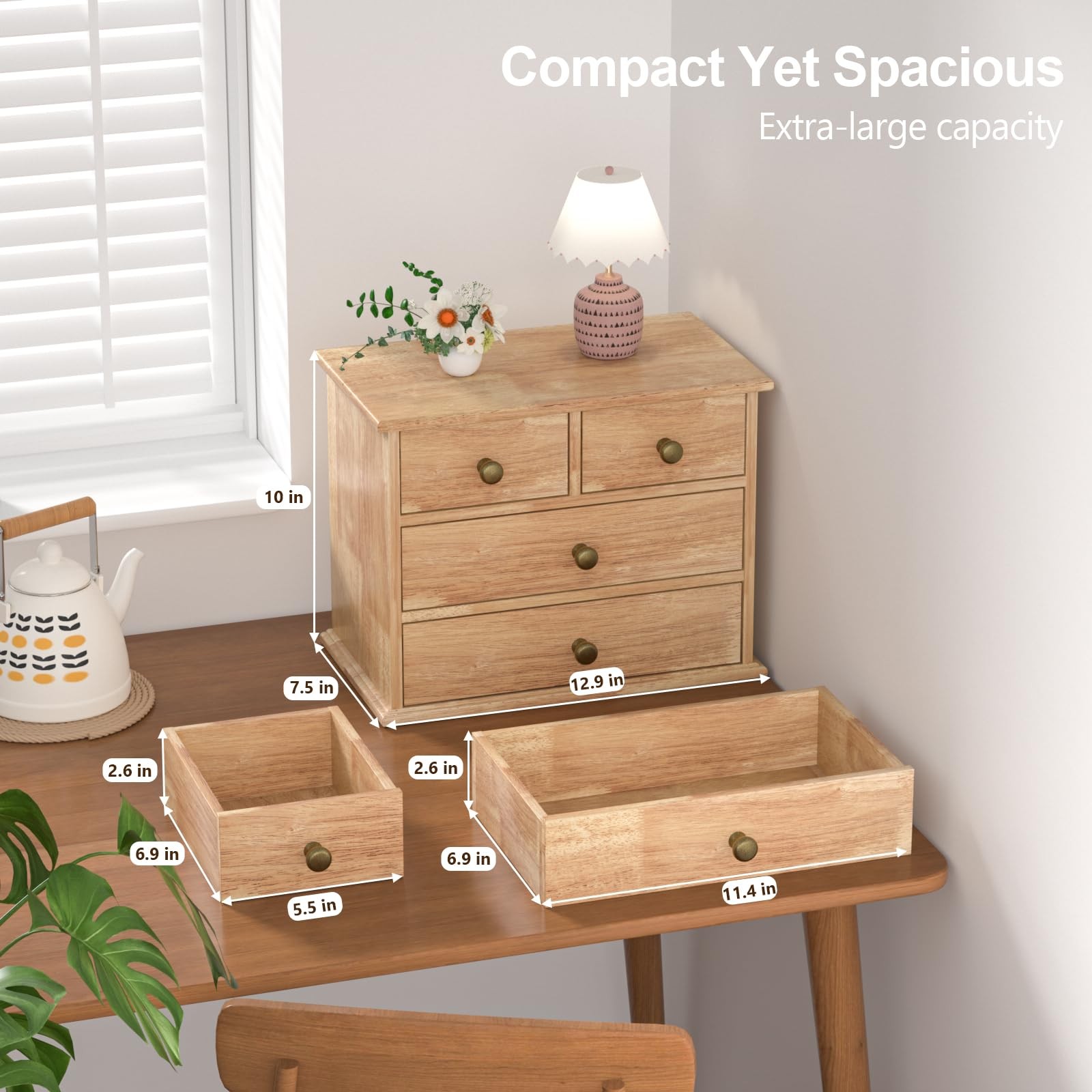 Oak Desk Organizer with Drawers, Wooden Desktop Storage Box with Metal Handle…