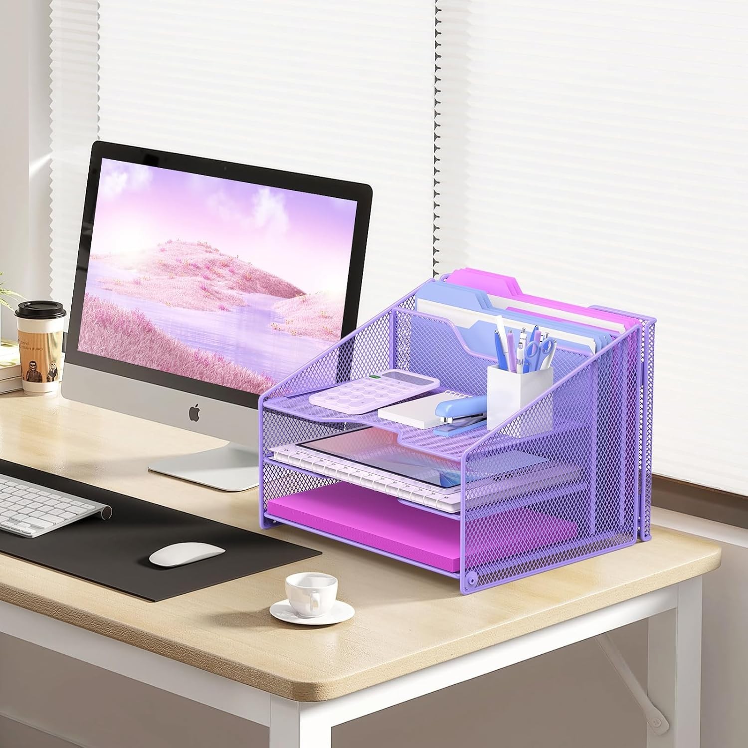 Compact Purple Desk File Organizer: 3-Tier and Vertical Holder for Office Use