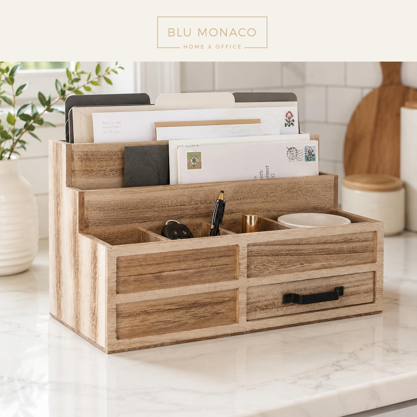 | Natural Wood Mail Organizer with Drawer & Pen Holder | Rustic Desk Organize…