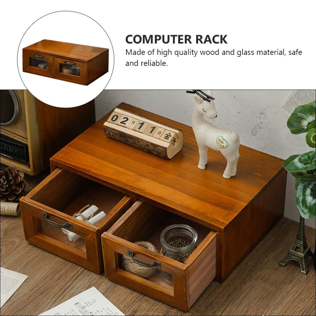 LIFKOME Wood Desk Organizer, 2 Drawers Bamboo Storage Box, Coffee Brown