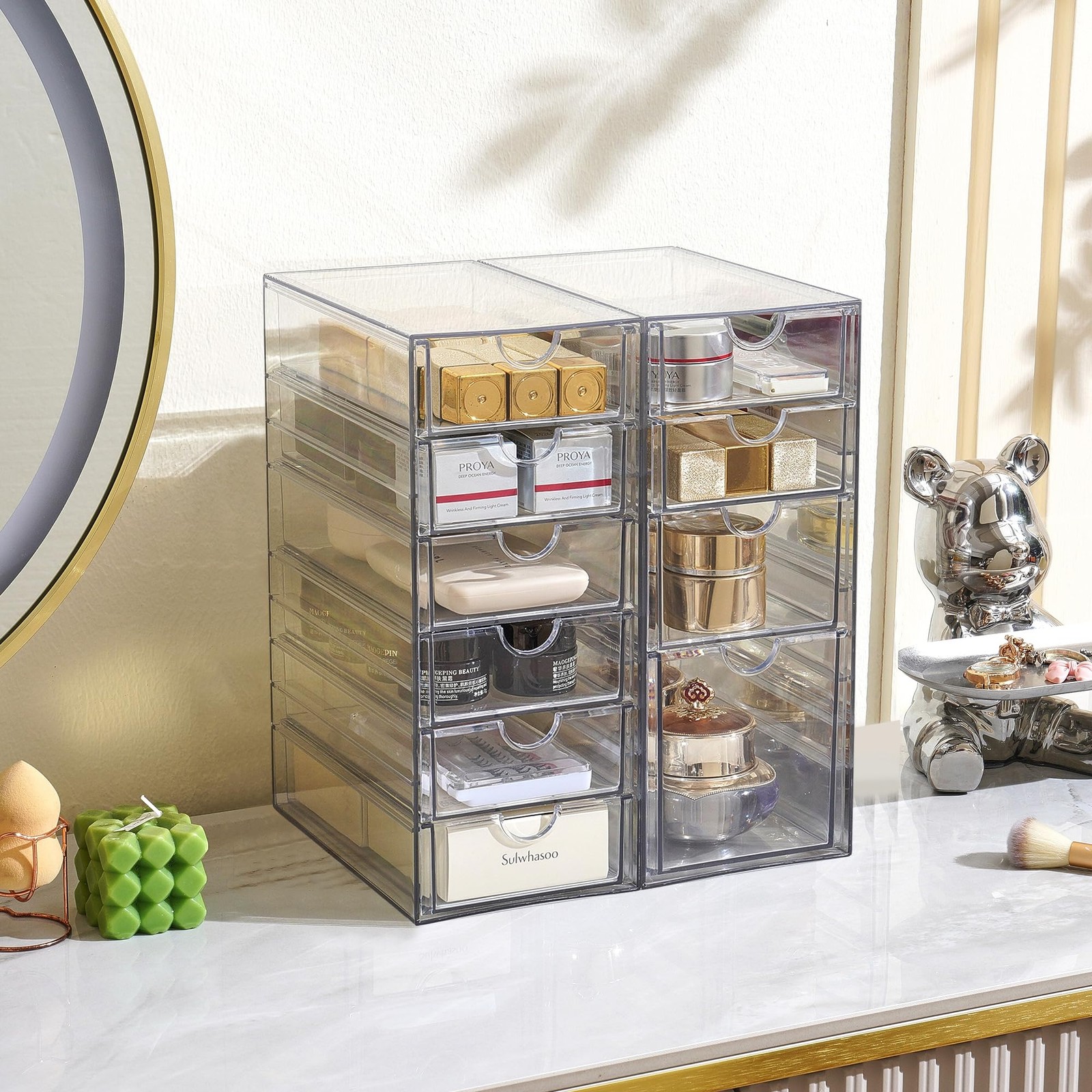 Prsildan Acrylic Drawer Makeup Organizer with 10 Drawers, Set of Transparent