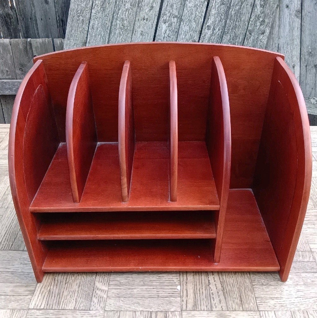 Vintage REAL Wood Leatherette Rattan Desktop Document & Mail Organizer RARE VNC